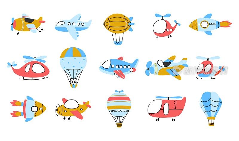 Childish air transport. Hot air balloons, airplane and airship. Isolated flying transportation, kids trip or adventure on plane. Nowaday childish vector airline travel